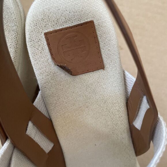 Tory Burch Sandals 9.5 Espadrille Slingback Cream Brown Canvas Casual Wedges - Picture 4 of 11
